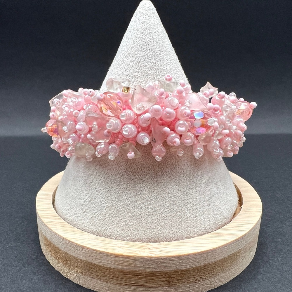 Beaded Fringe Bracelet Pink Sea Glass‎ Chips AB Crystals Fringe Cluster Cha Cha